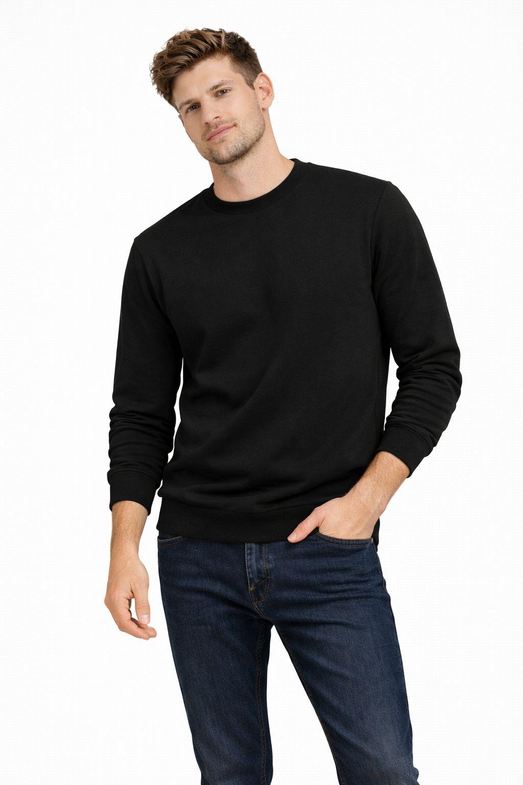 Erkek Bisiklet Yaka Regular Fit 3 İplik Pamuklu Siyah Sweatshirt