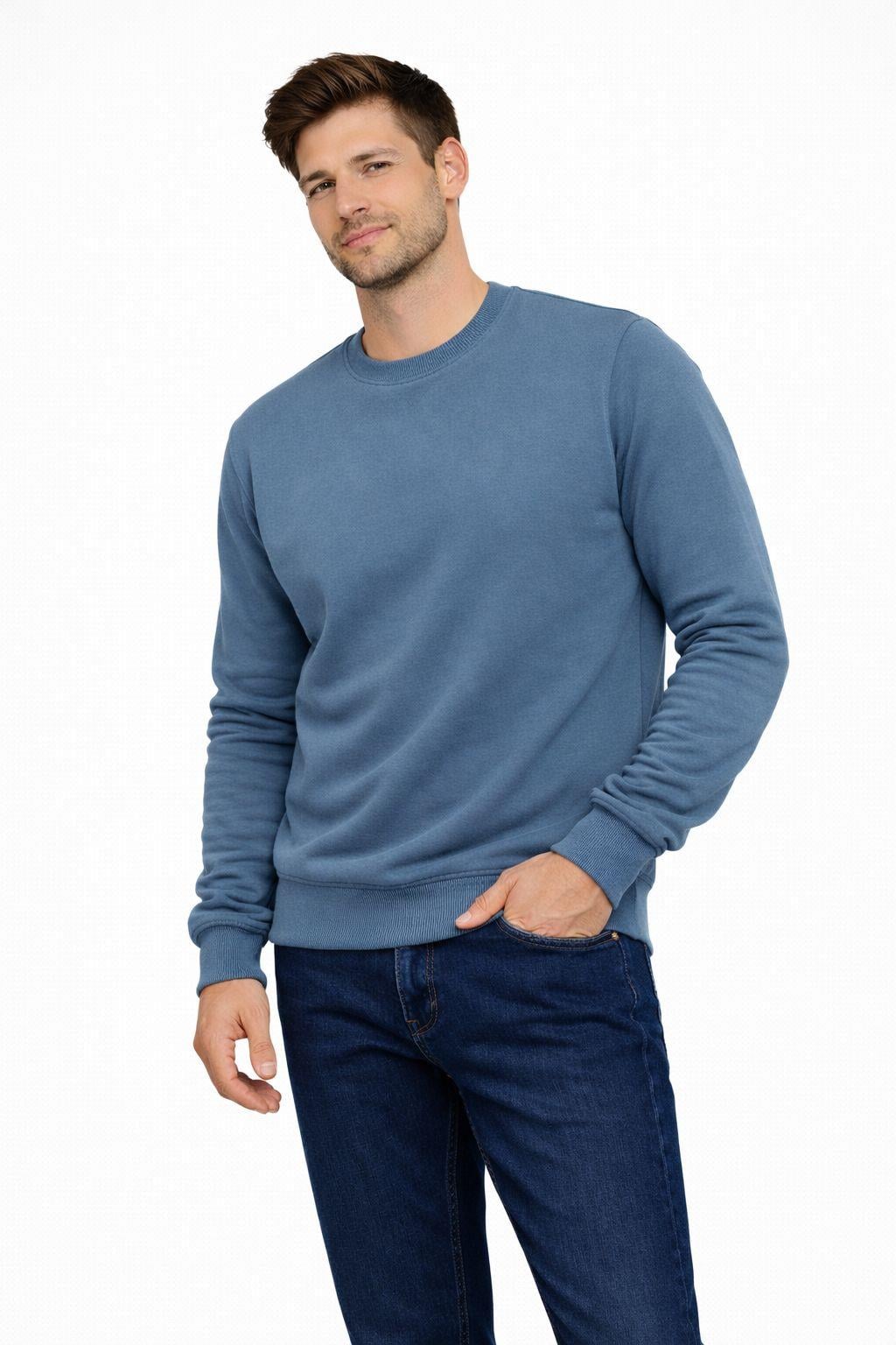 Erkek Bisiklet Yaka Regular Fit 3 İplik Pamuklu Mavi Sweatshirt