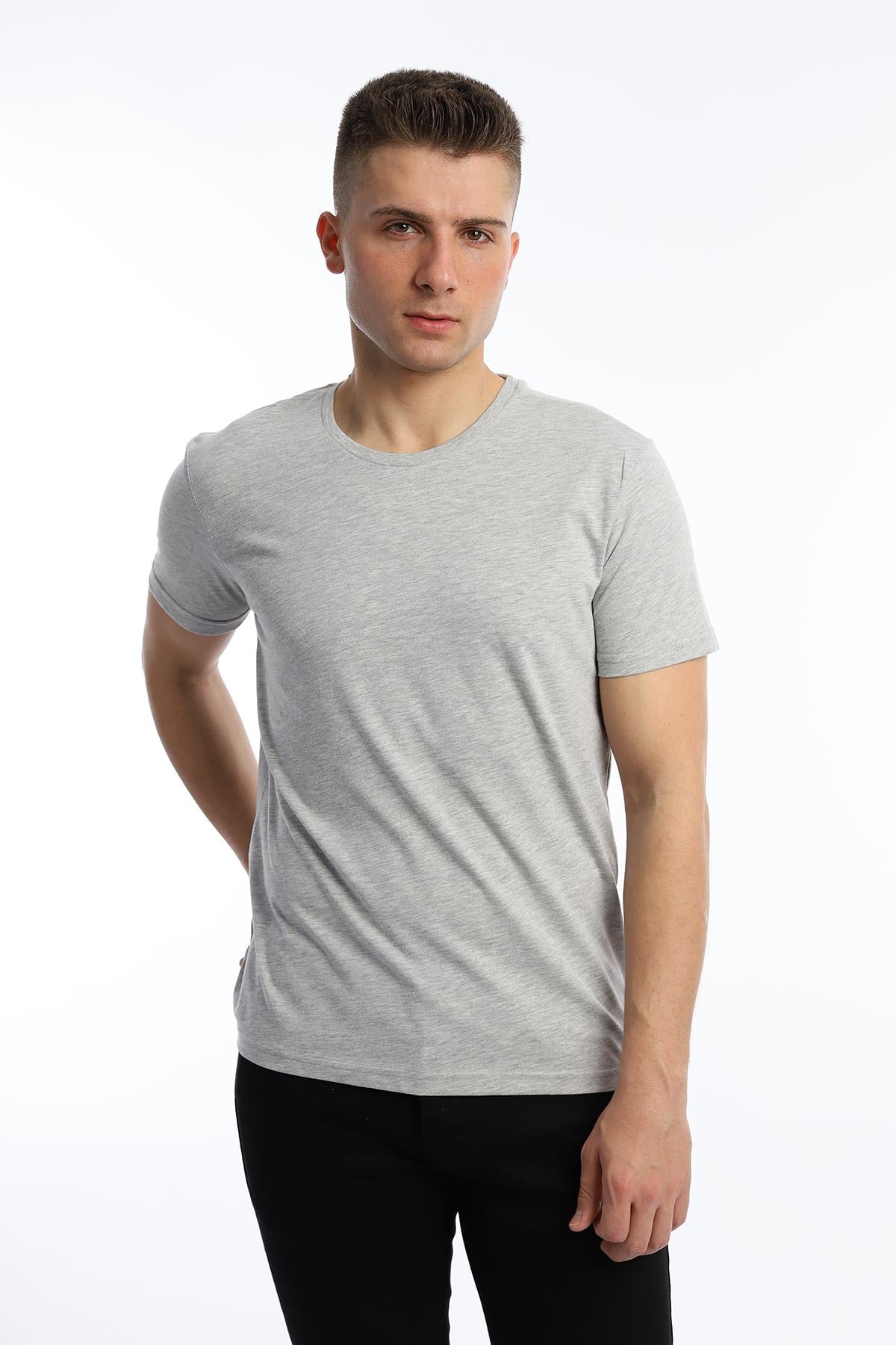 Erkek Bisiklet Yaka Regular Fit Basic Tişört Gri Melanj