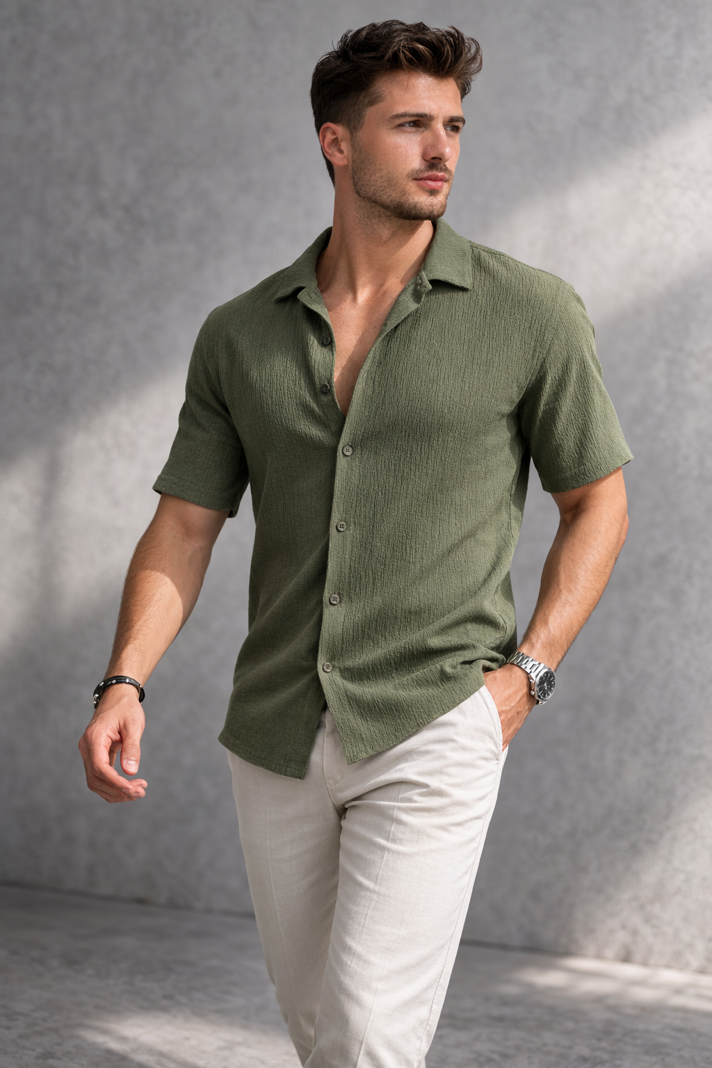 Erkek Crinkle Kumaş Regular Fit Gömlek Yeşil