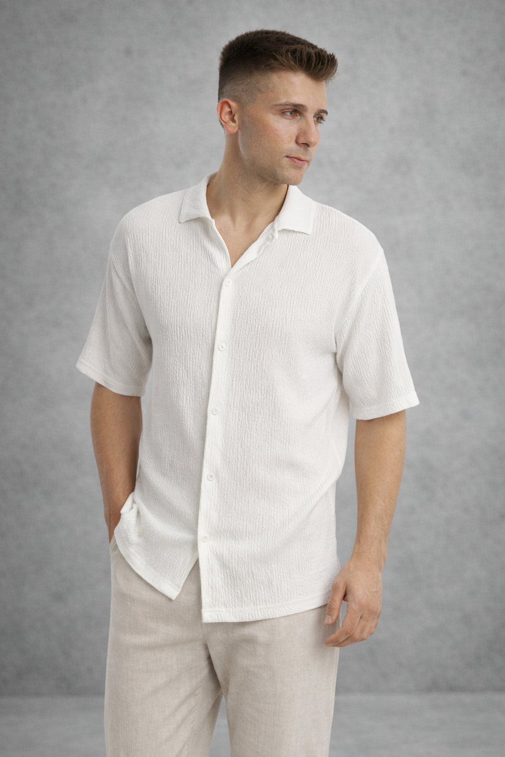 Erkek Crinkle Kumaş Regular Fit Gömlek Beyaz