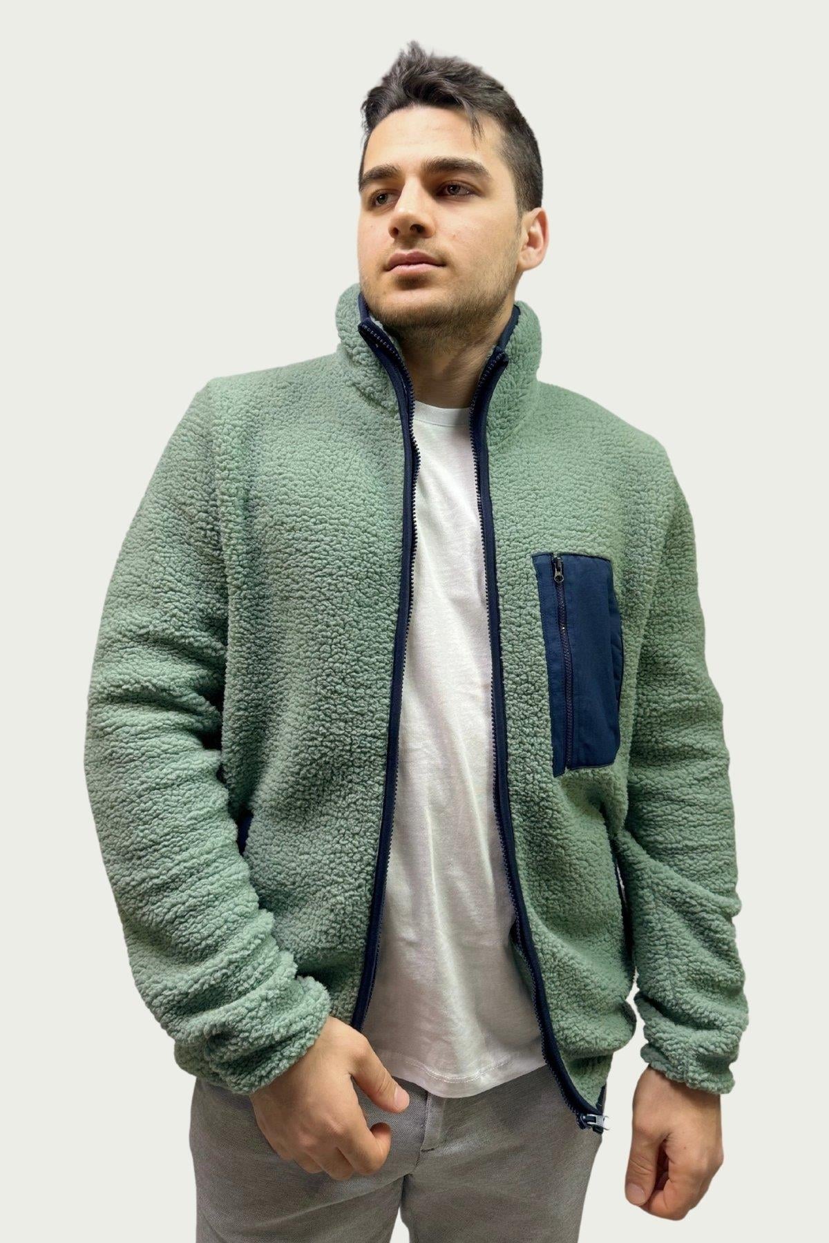 Erkek Dik Yaka Peluş Ceket Mavi