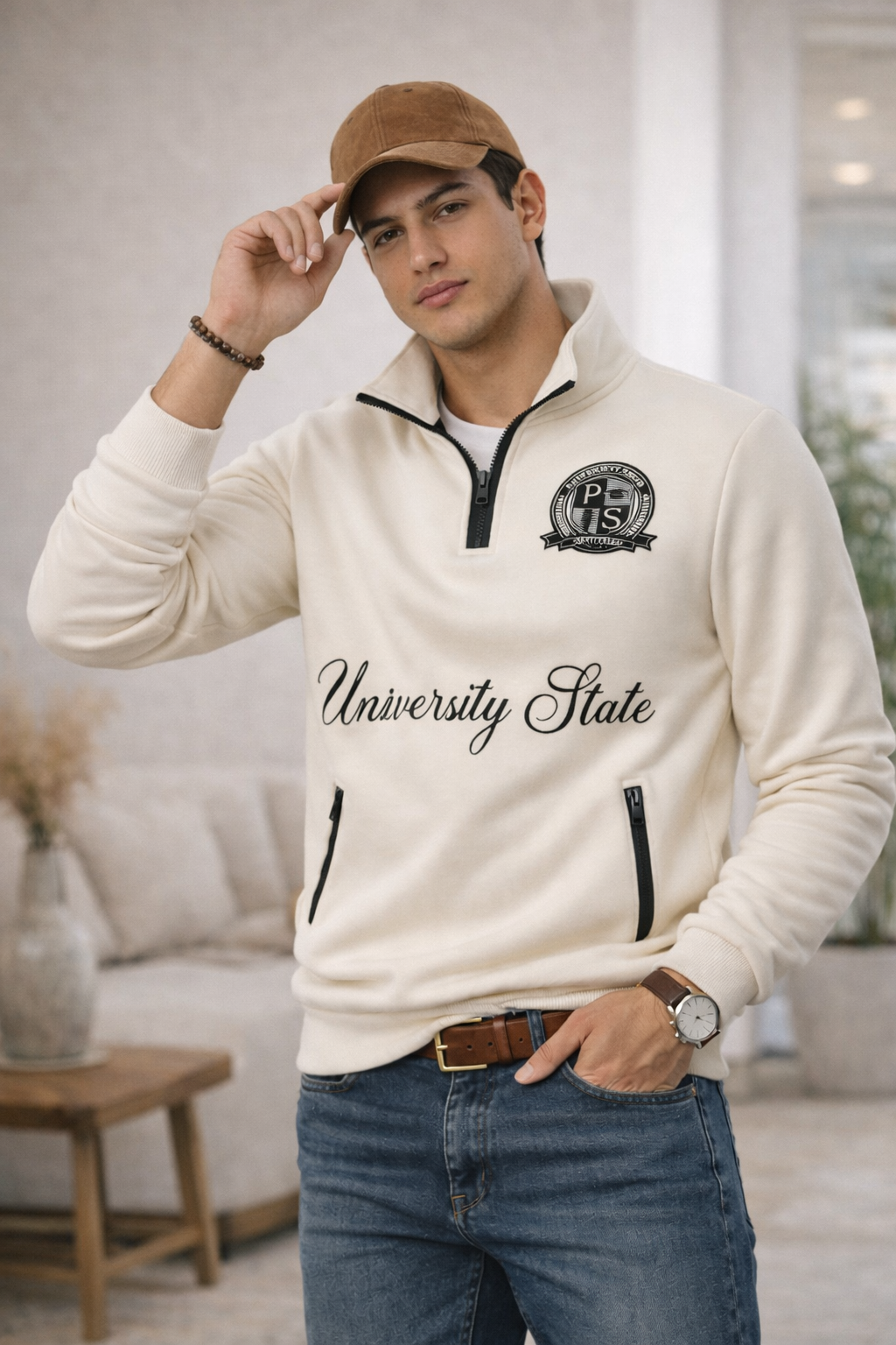 Erkek Dik Yaka Yarım Fermuarlı Baskılı Sweatshirt Ekru