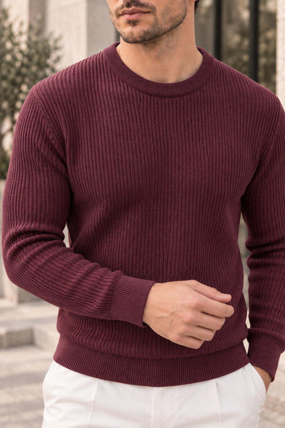 Erkek Dikey Dokulu Bisiklet Yaka Triko Kazak - Bordo Bordo
