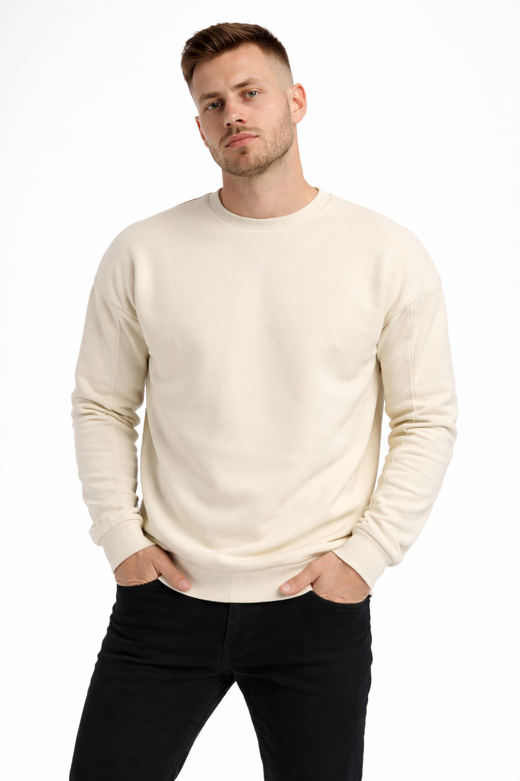 Erkek Ekru 3 İplik Şardonlu Kalın Basic Bisiklet Yaka Oversize Sweatshirt