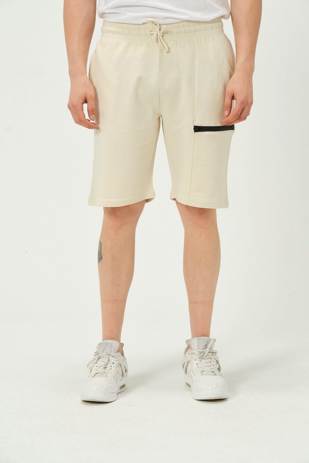 Erkek Fermuar Detaylı Şort Ekru