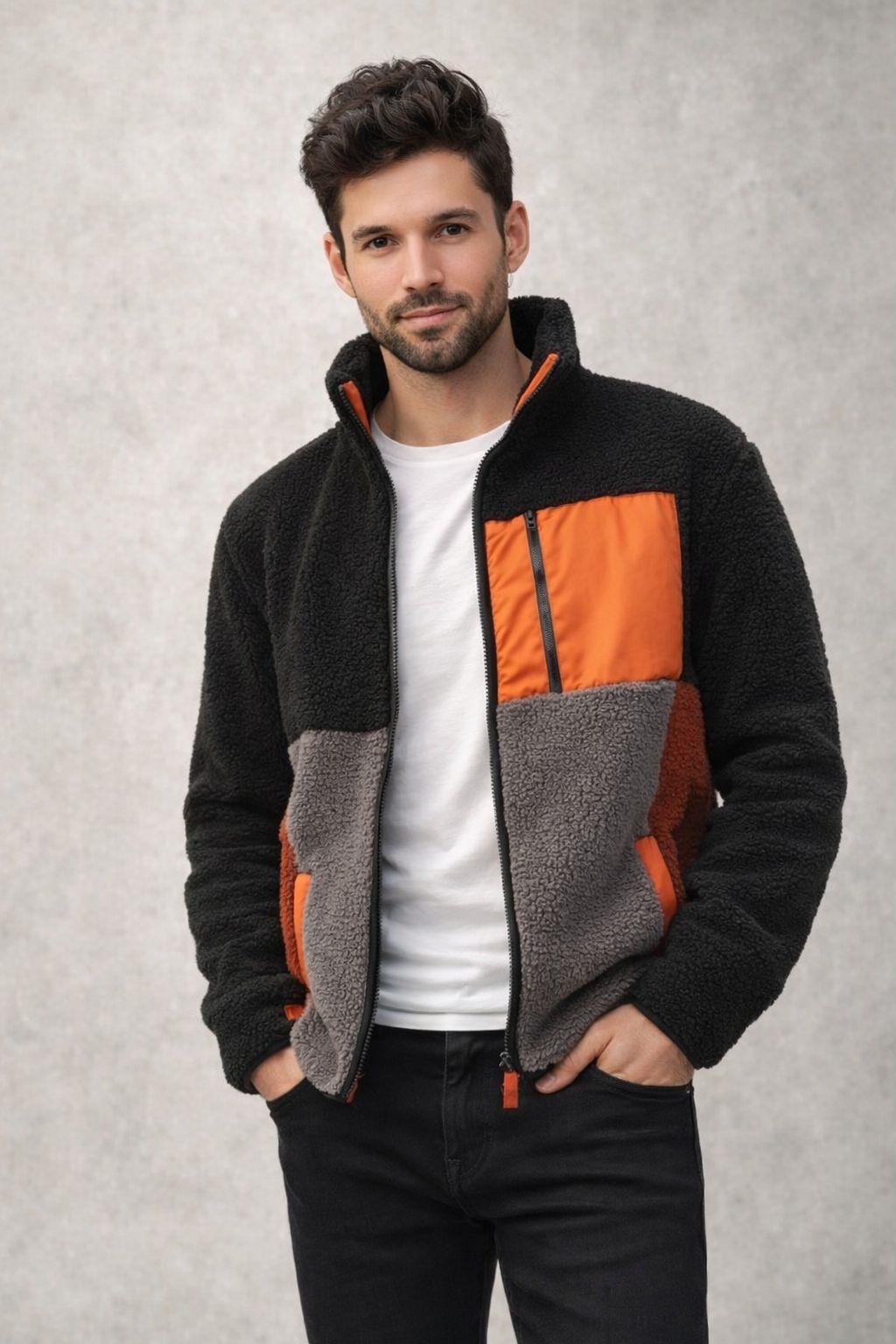 Erkek Fermuarlı Dik Yaka Parçalı Polar Ceket Siyah