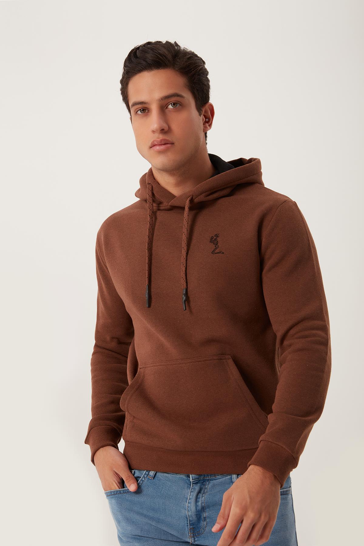 Erkek İskelet Nakışlı 3 İplik Sweatshirt   Kahverengi
