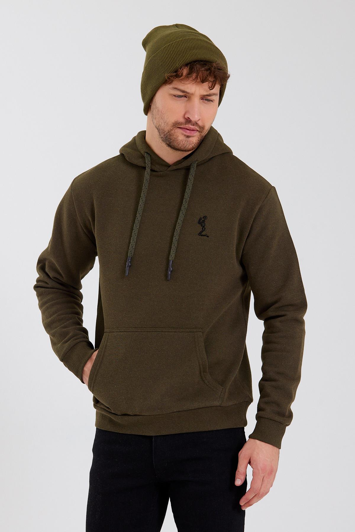 Erkek İskelet Nakışlı 3 İplik Sweatshirt   Haki