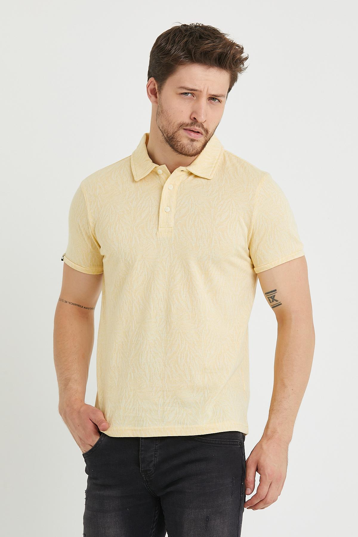 Erkek Jakar Desenli Polo Yaka T-shirt  Sarı