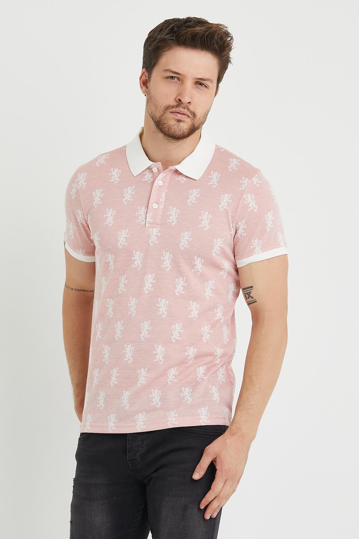 Erkek Jakar Desenli Polo Yaka T-shirt Pembe