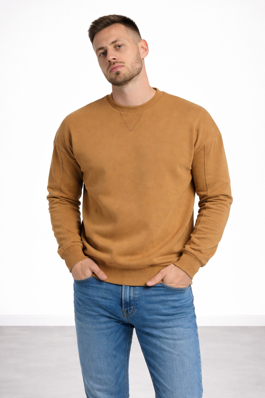 Erkek Kahverengi 3 İplik Şardonlu Kalın Basic Bisiklet Yaka Oversize Sweatshirt
