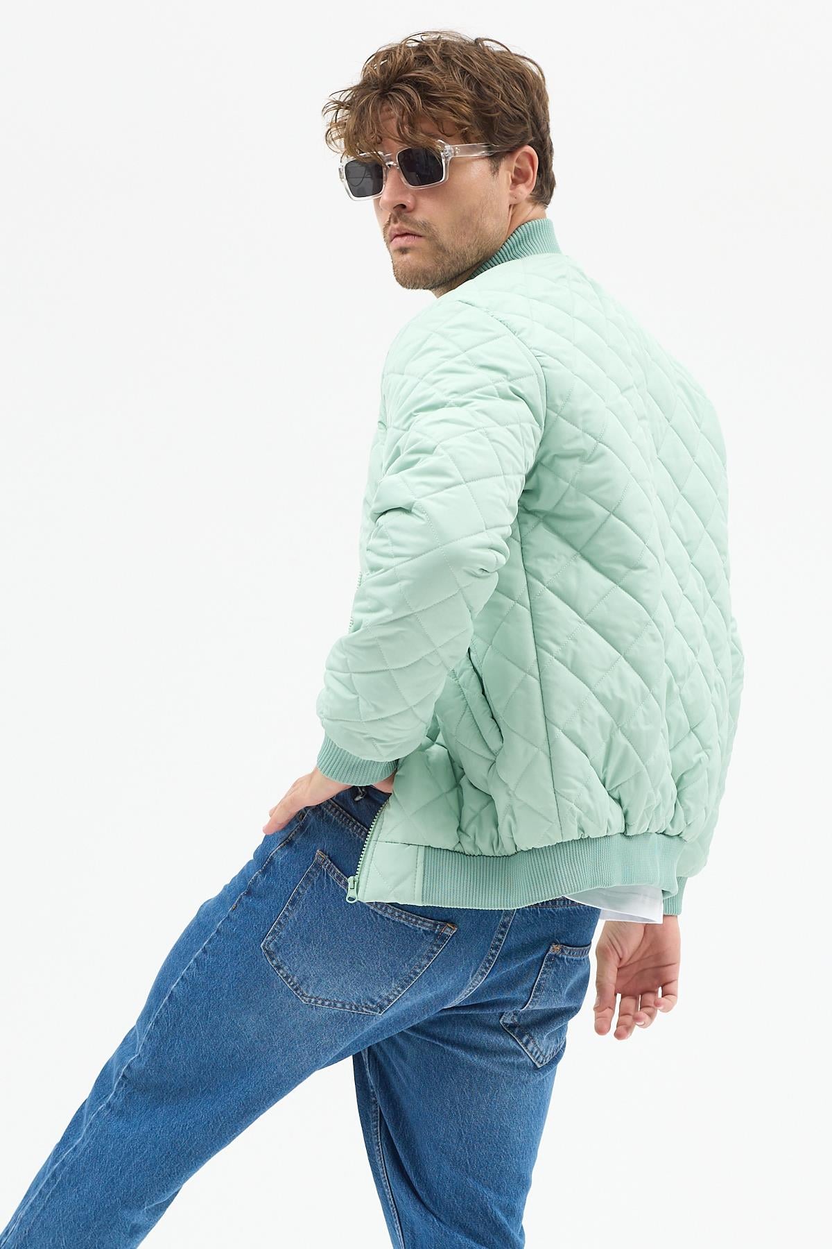 Erkek Kapitone Slim Fit Baklava Desenli Mont Ceket Su Yeşili