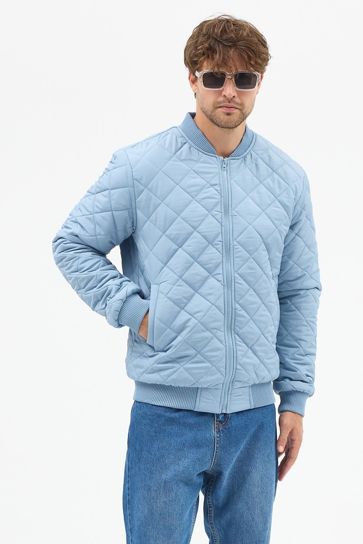 Erkek Kapitone Slim Fit Baklava Desenli Mont Ceket Buz Mavi