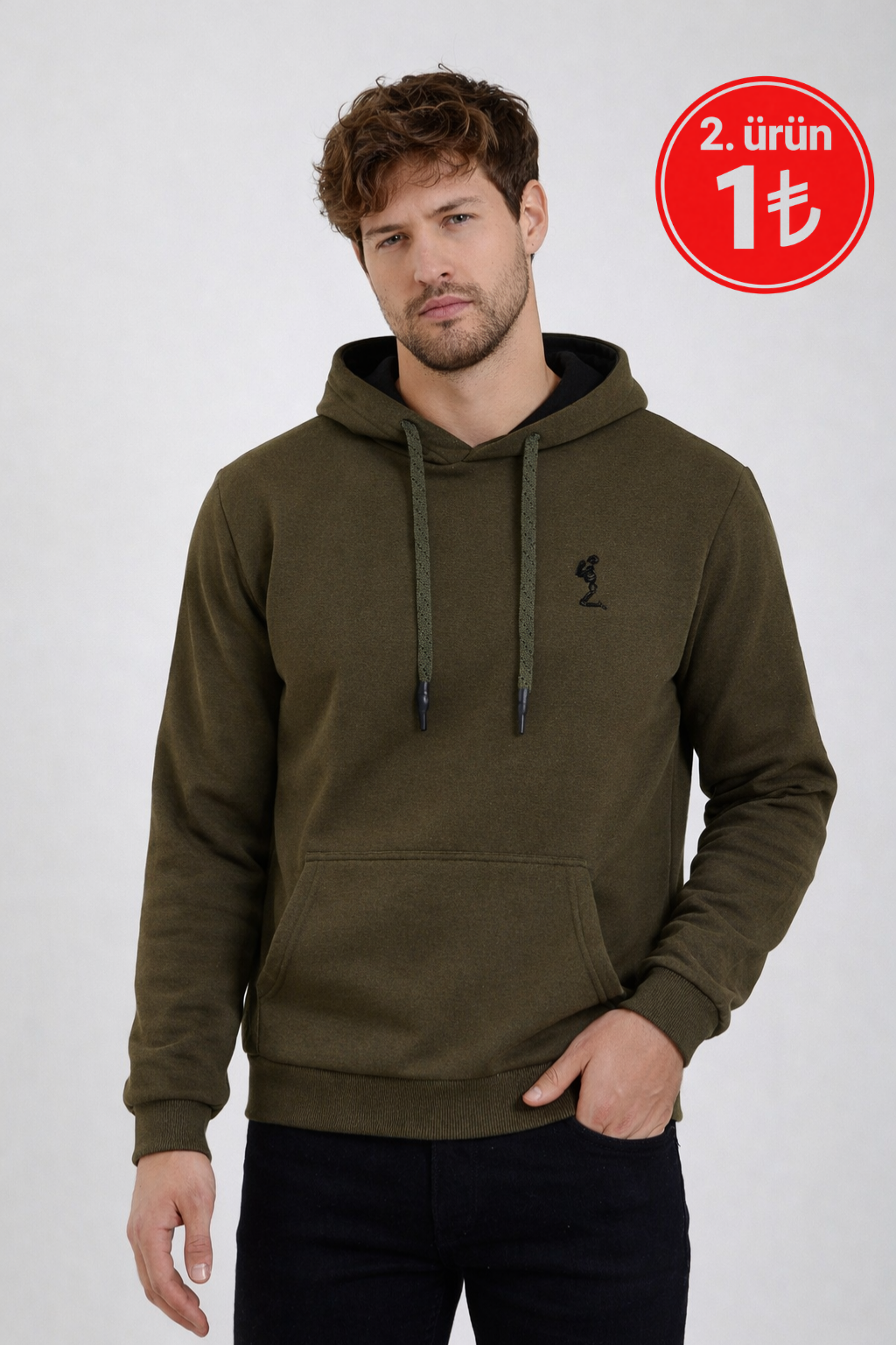 Erkek Kapüşonlu 3 İplik İçi Şardonlu Nakışlı Haki Sweatshirt