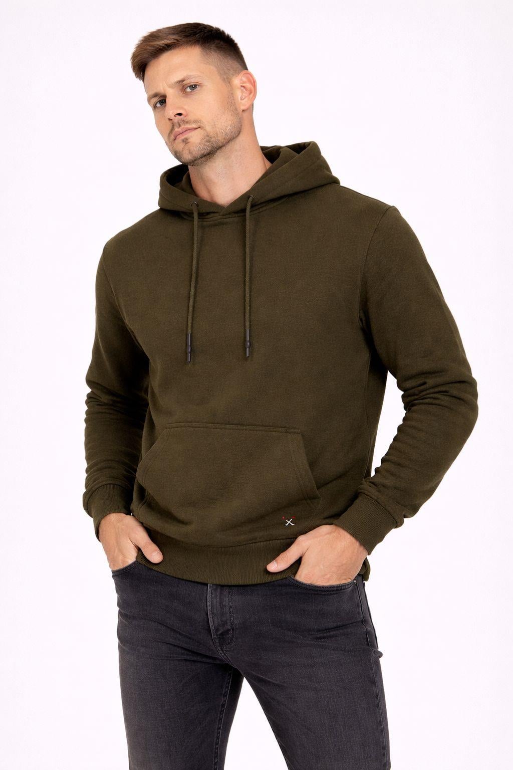 Erkek Kapüşonlu 3 İplik İçi Şardonlu Nakışlı Sweatshirt Haki