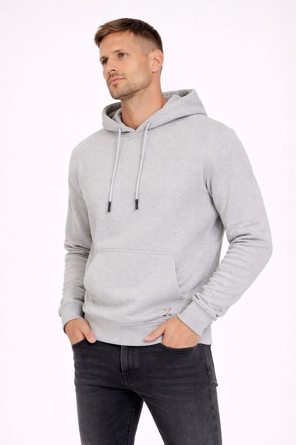 Erkek Kapüşonlu 3 İplik İçi Şardonlu Nakışlı Sweatshirt Gri