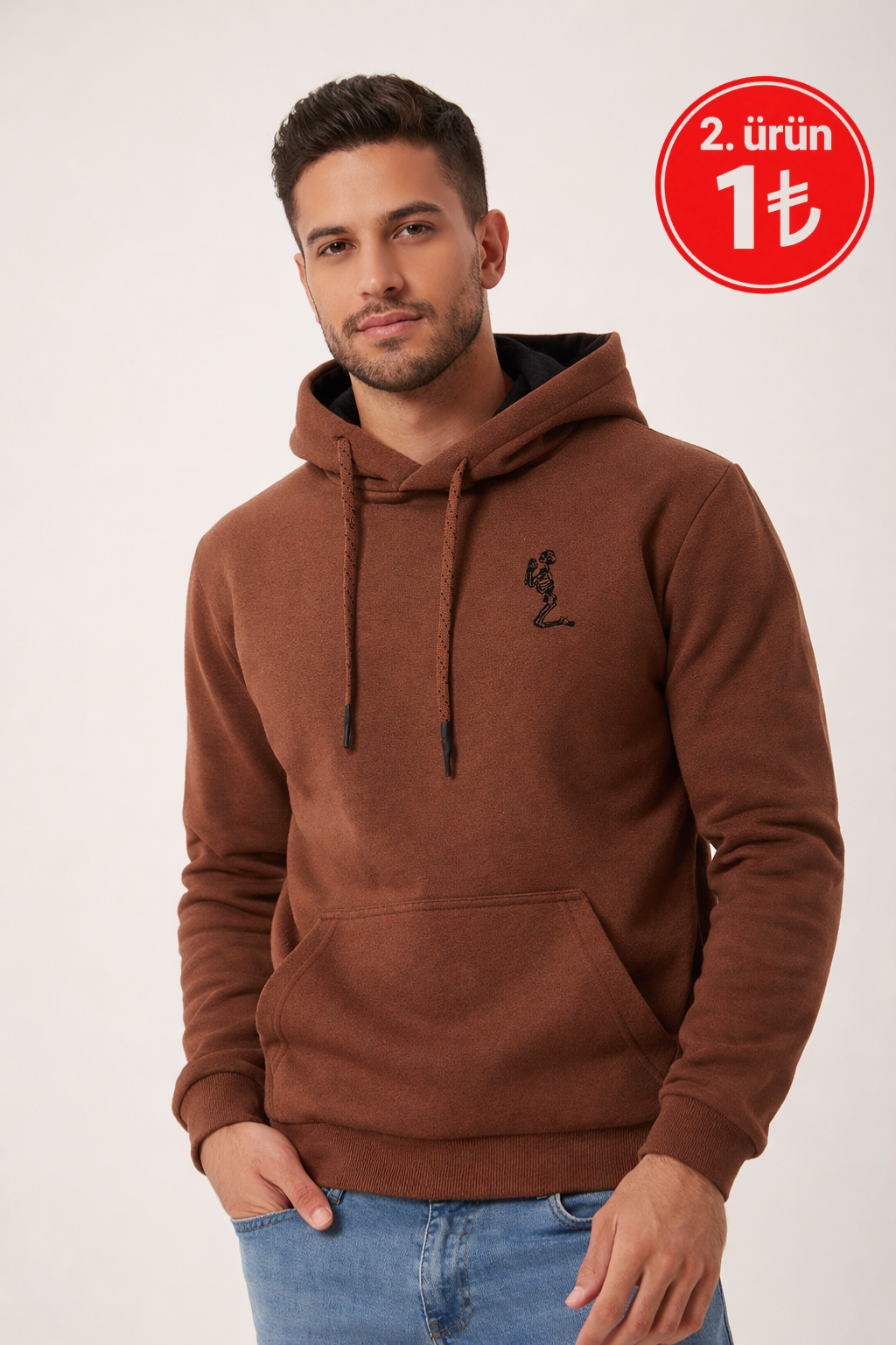 Erkek Kapüşonlu 3 İplik İçi Şardonlu Nakışlı Kahverengi Sweatshirt