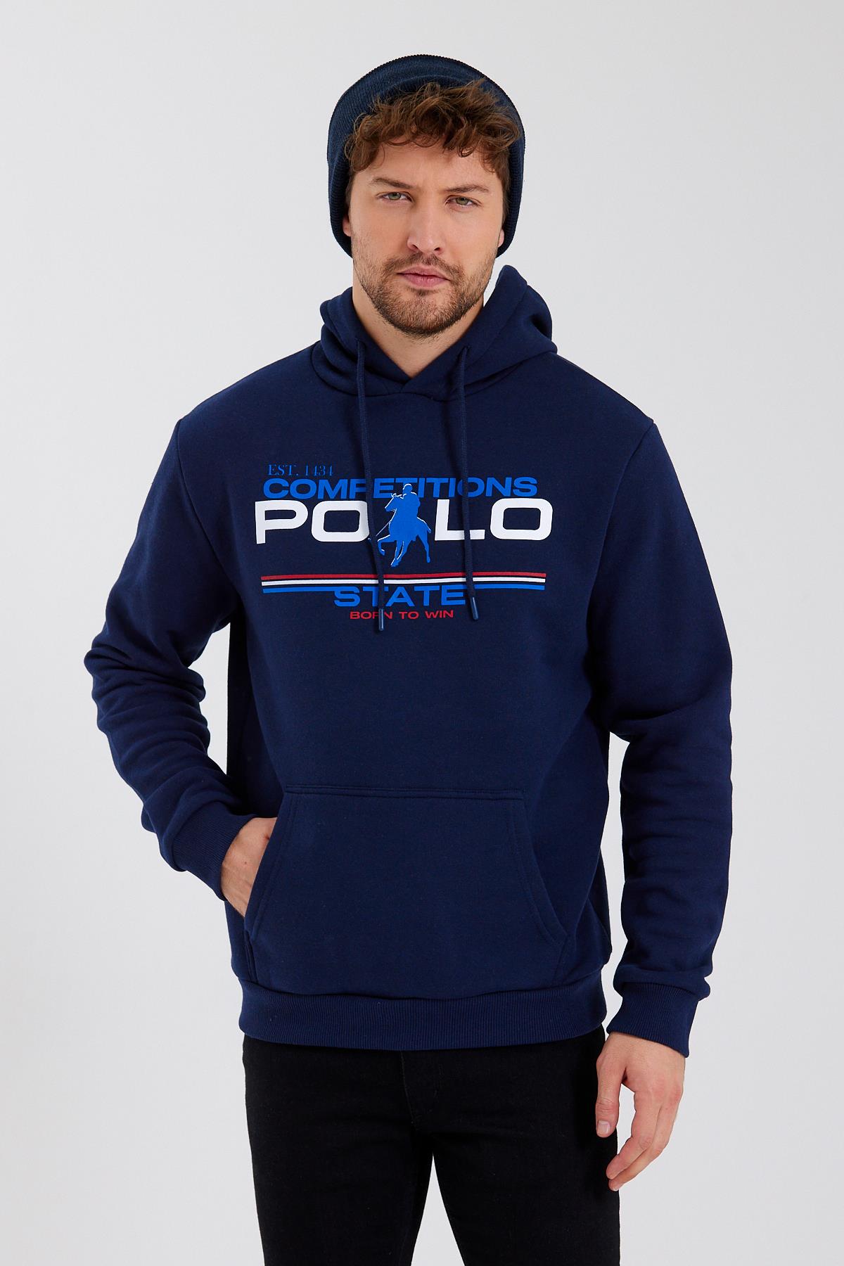 Erkek Kapüşonlu Baskılı 3 İplik Sweatshirt Lacivert