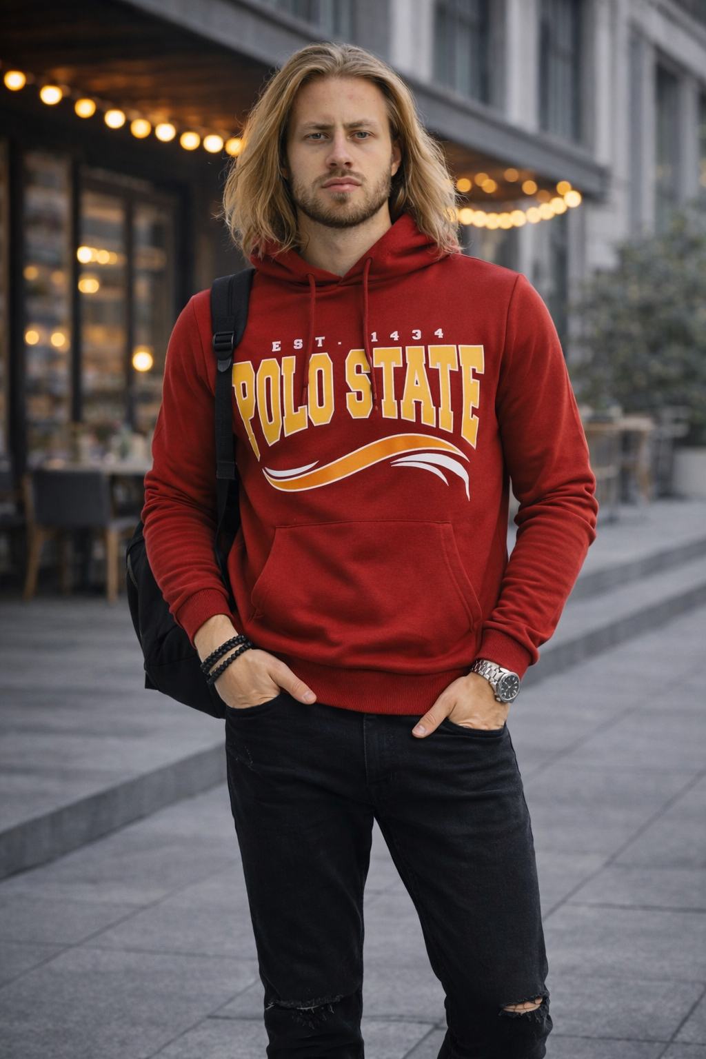 Erkek Kapüşonlu Baskılı Kanguru Cepli 3 İplik Şardonlu Kırmızı Sweatshirt