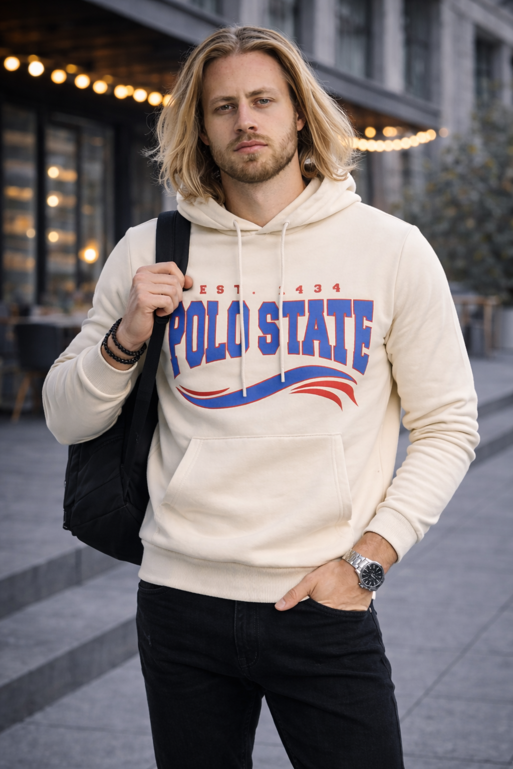 Erkek Kapüşonlu Baskılı Kanguru Cepli 3 İplik Şardonlu Krem Sweatshirt