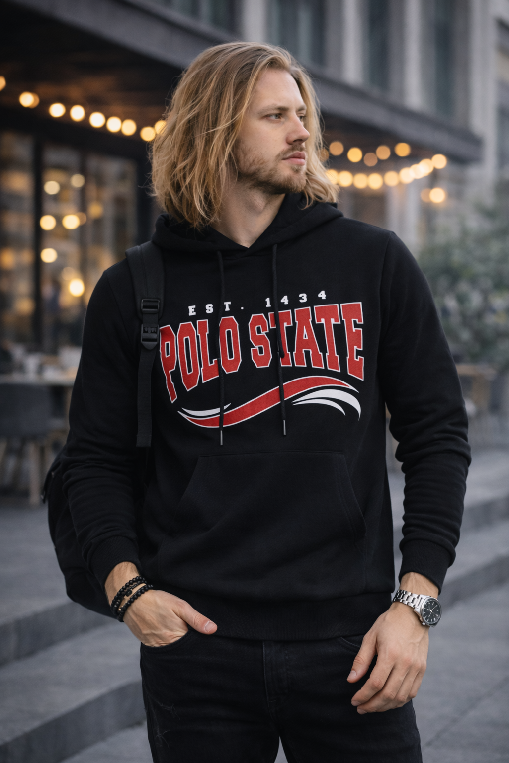 Erkek Kapüşonlu Baskılı Kanguru Cepli 3 İplik Şardonlu Siyah Sweatshirt