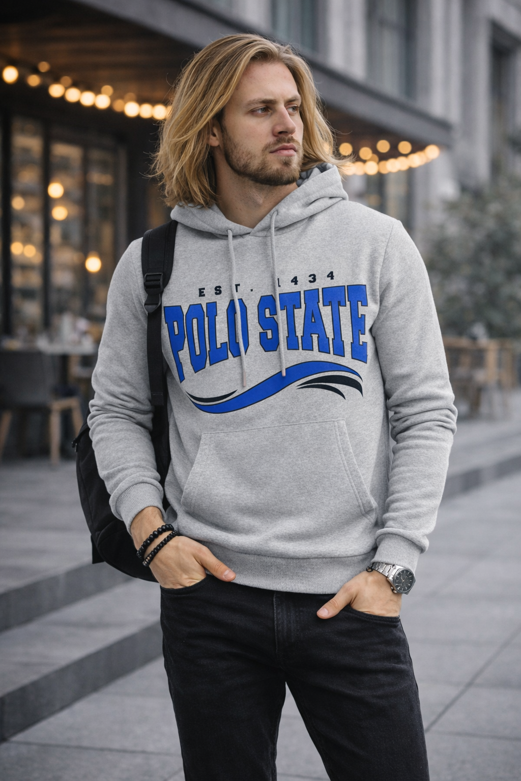 Erkek Kapüşonlu Baskılı Kanguru Cepli 3 İplik Şardonlu Gri Sweatshirt