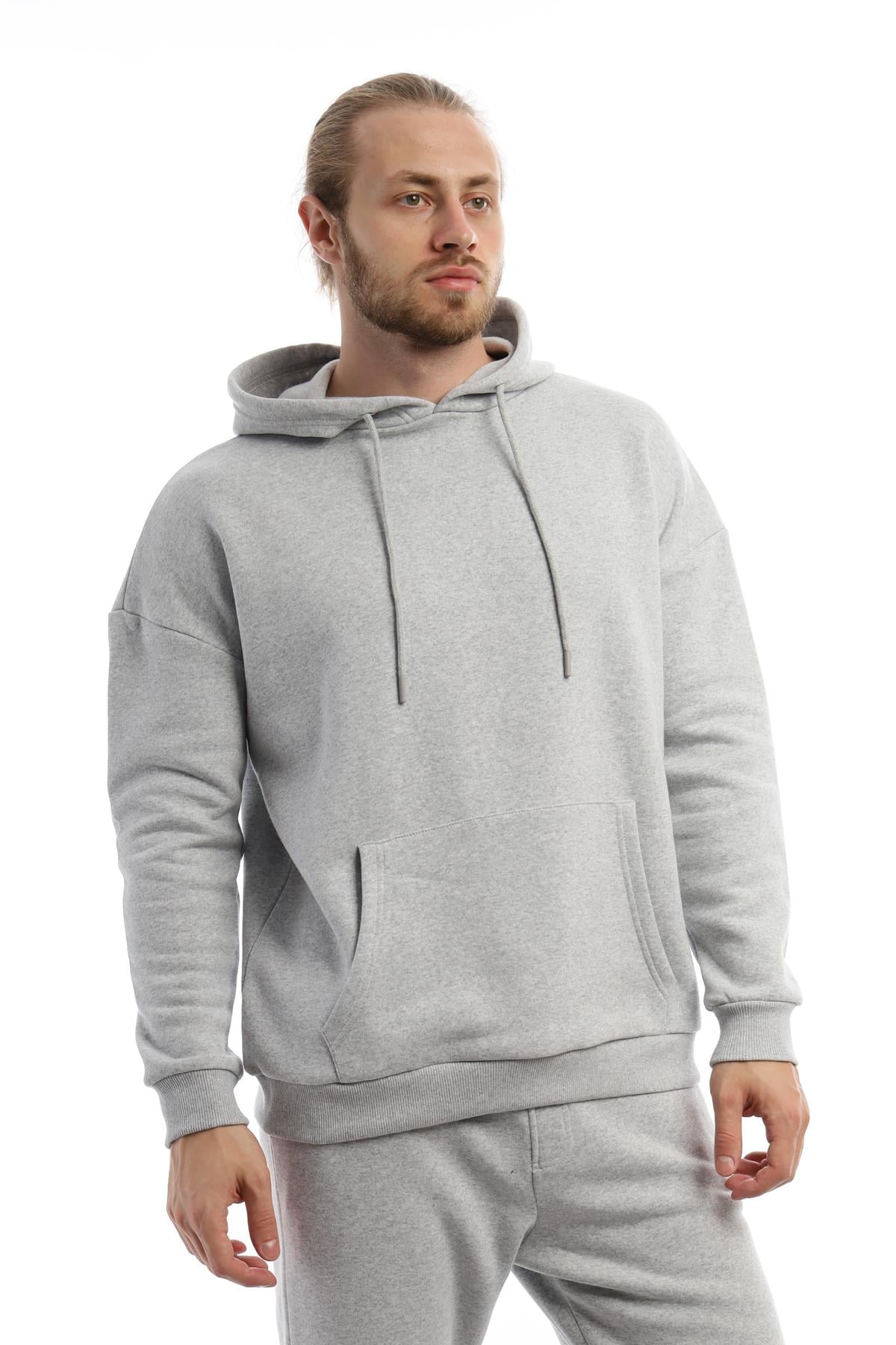 Erkek Kapüşonlu Kanguru Cepli Sweatshirt Gri Melanj