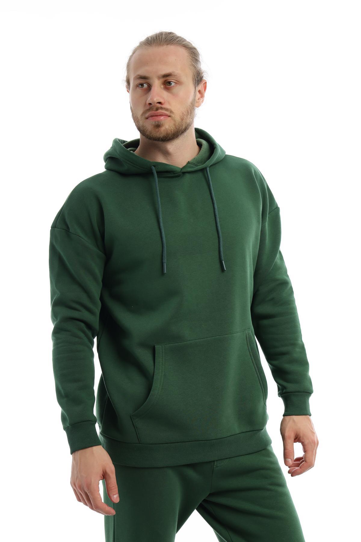 Erkek Kapüşonlu Kanguru Cepli Sweatshirt Koyu Yeşil