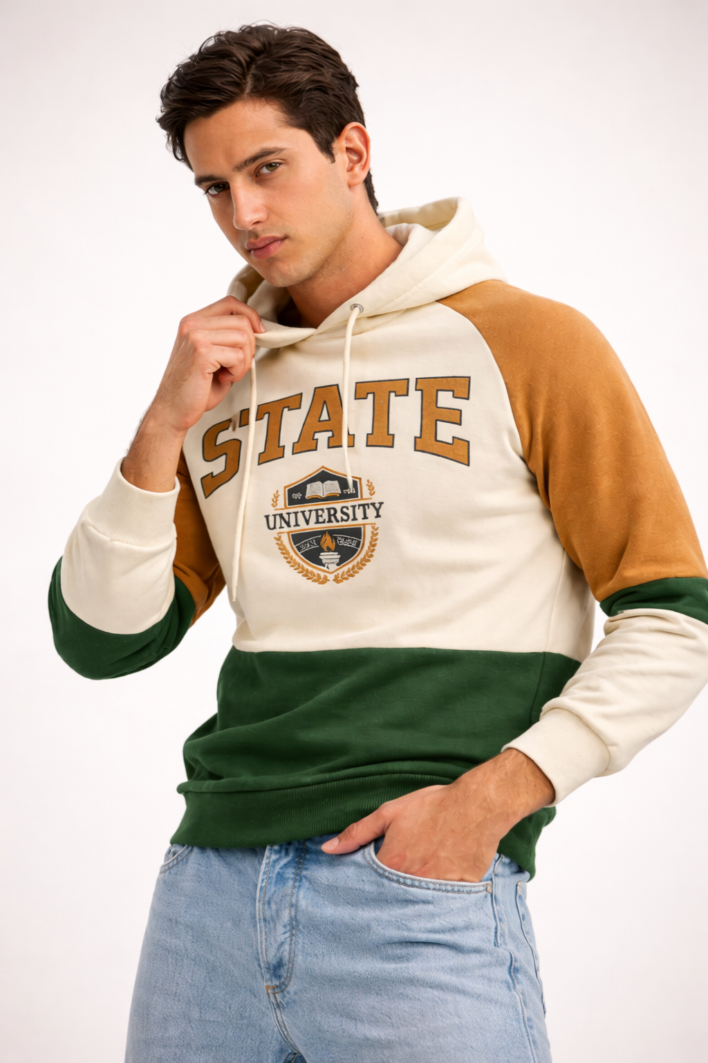 Erkek Kapüşonlu Renk Bloklu Baskılı Sweatshirt – Pamuklu Oversize Hoodie