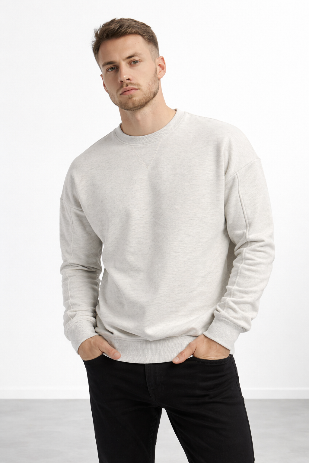 Erkek Kar Melanj 3 İplik Şardonlu Kalın Basic Bisiklet Yaka Oversize Sweatshirt