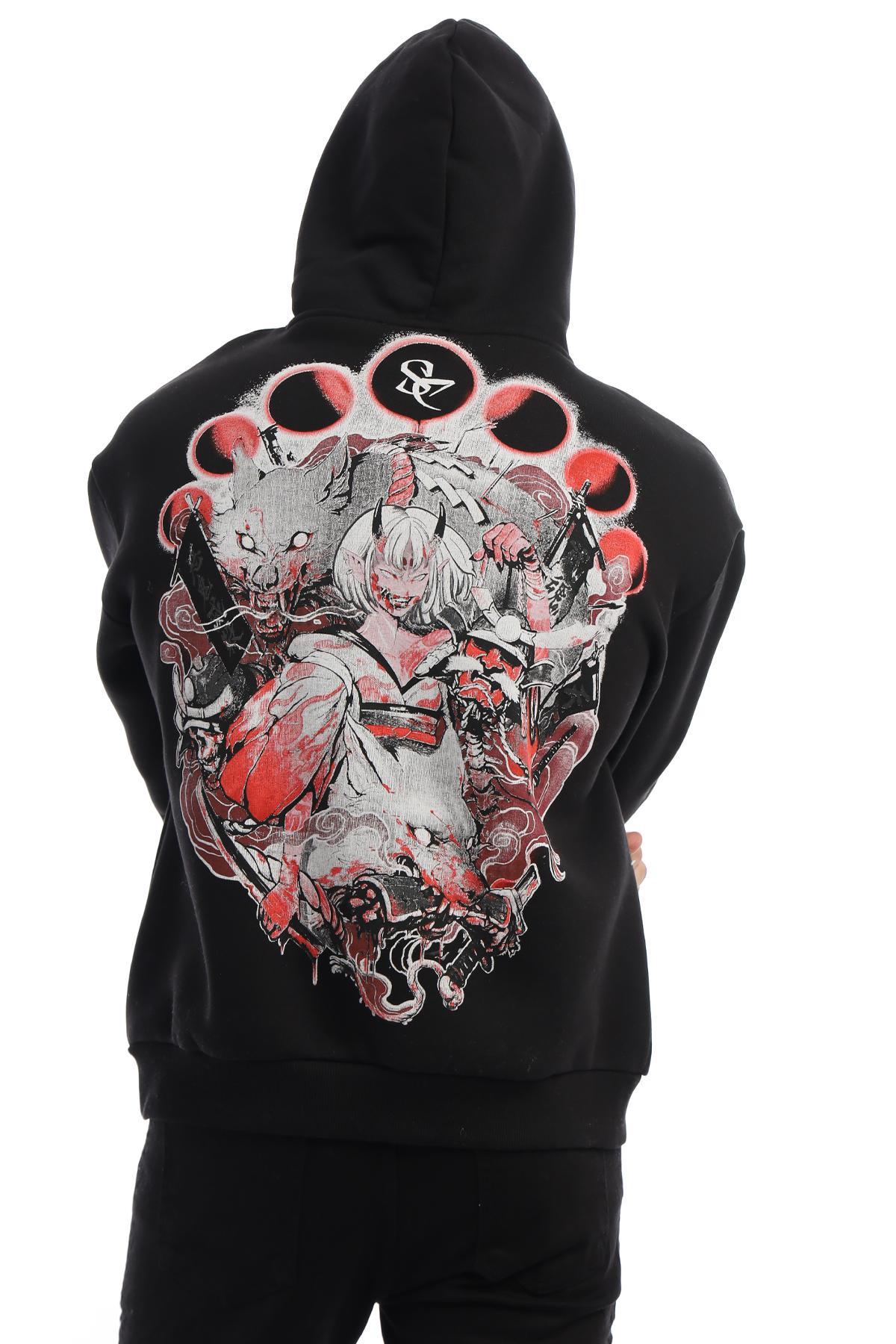 Erkek Kitsune Anime Girl Bask l 3 plik Kapu onlu Sweat Siyah