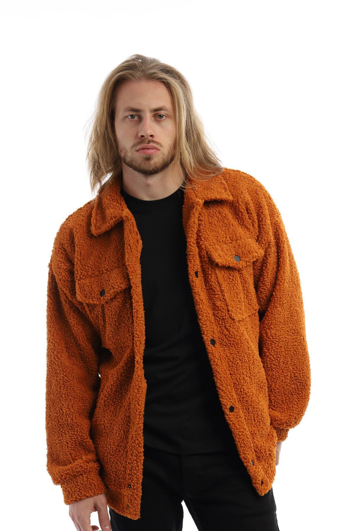 Erkek Kıvırcık Peluş Cıt Cıt Kapamalı Ceket Tarçın