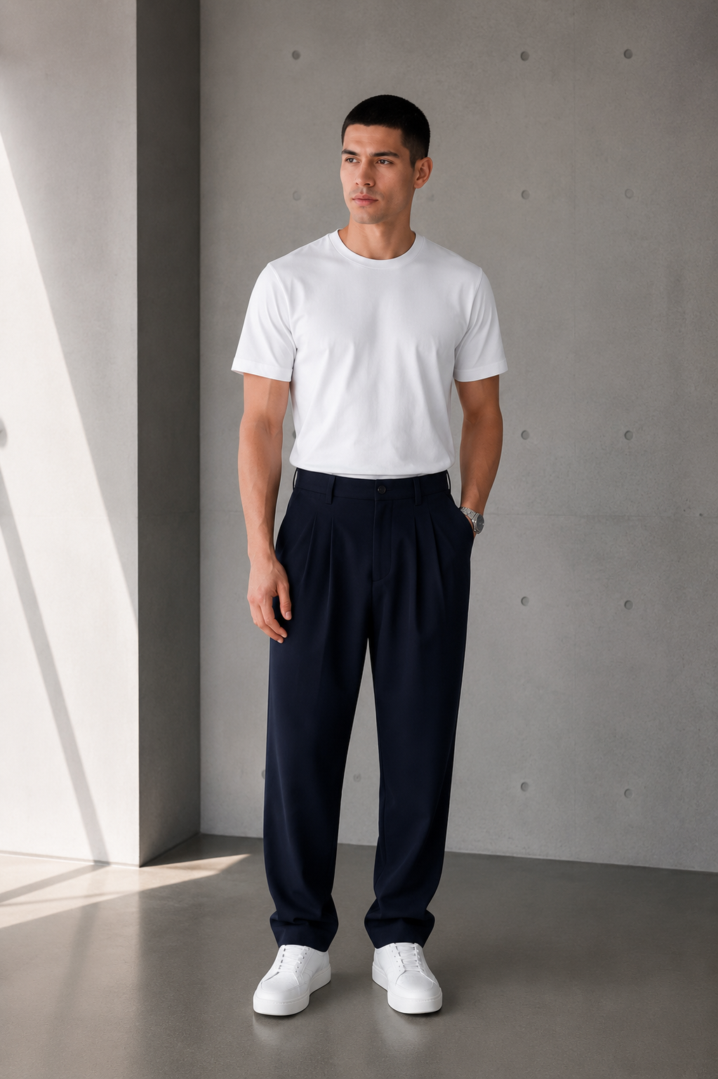 Erkek Lacivert Baggy Fit Pileli Kumaş Pantolon