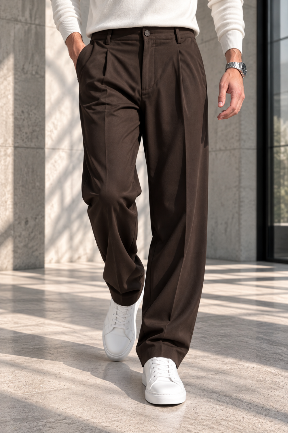 Erkek Likralı Pileli Baggy Fit Pantolon - Kahverengi Kahverengi