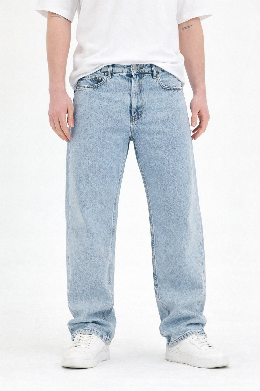 Erkek Mavi Yıkamalı Baggy Fit Kot Pantolon