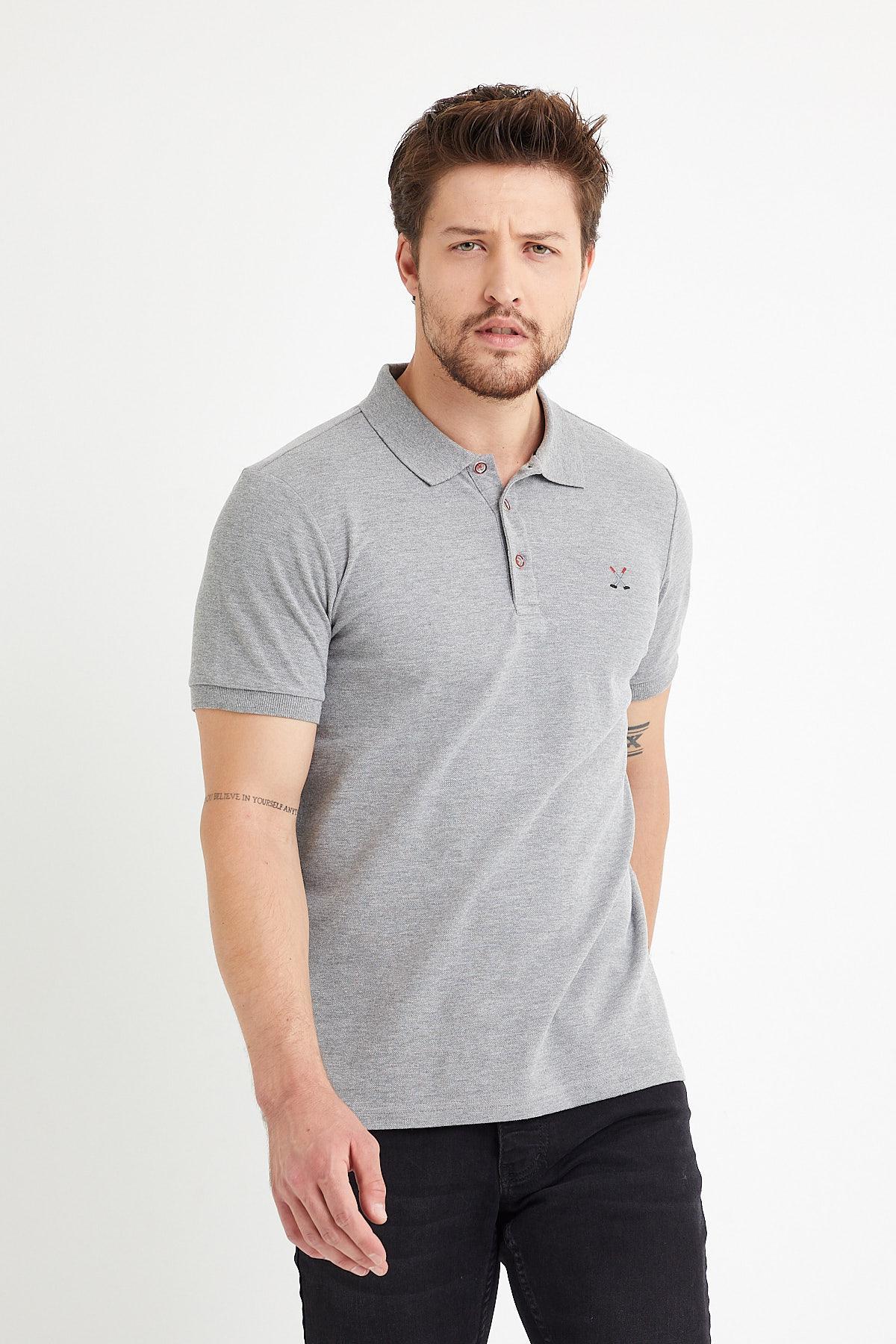 Erkek Nakışlı Polo Yaka T-shirt  Gri Melanj