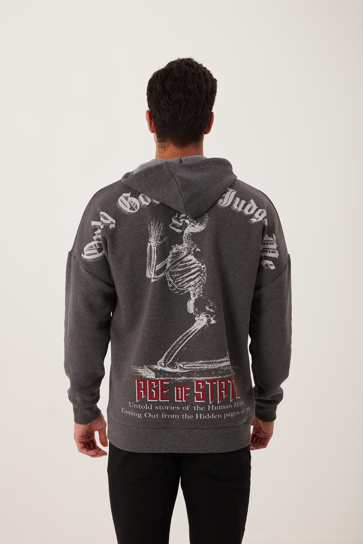 Erkek Ön Arka Age Of State Baskılı Sweatshirt Antrasit