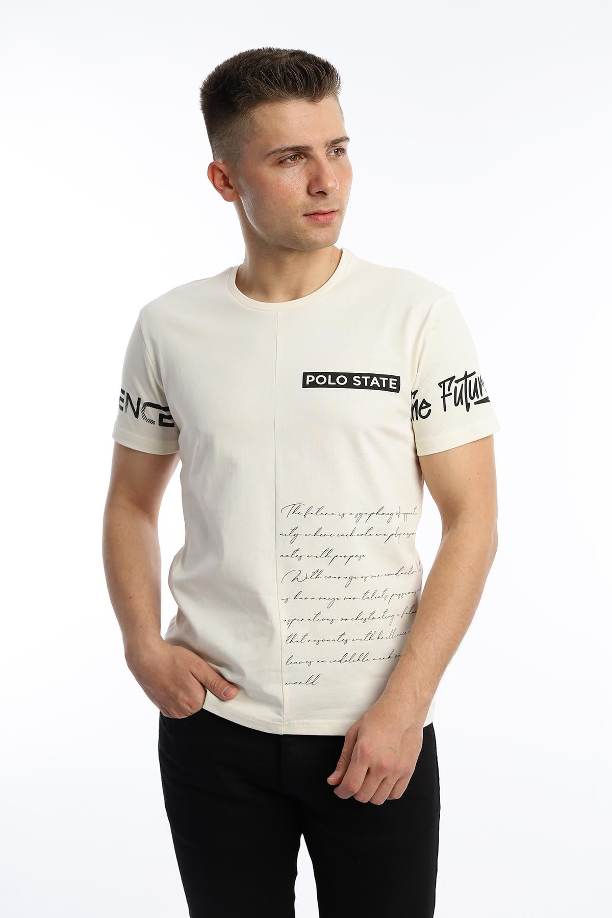 Erkek Ön Arka Baskılı Regular Tişört Ekru
