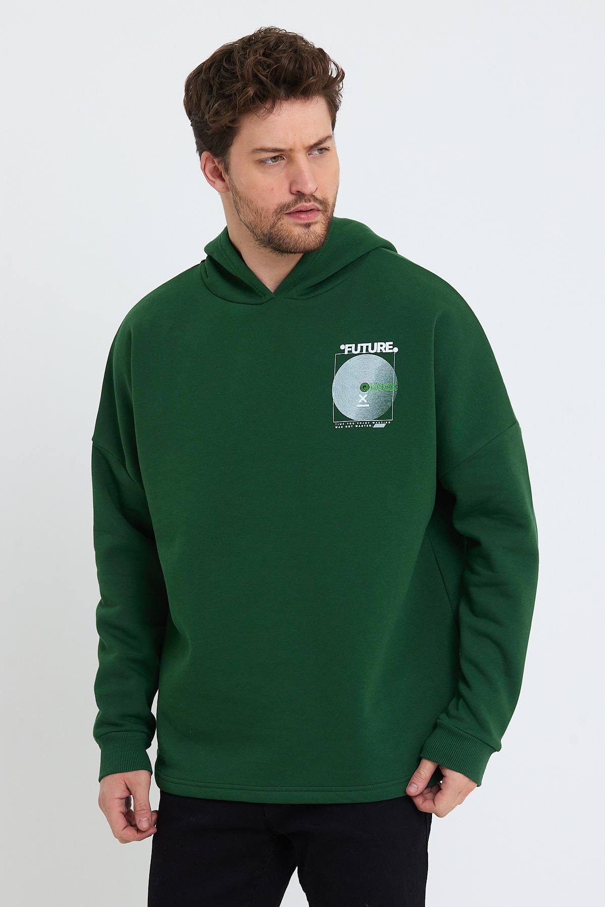 Erkek Oversize Baskılı Sweatshirt Yeşil