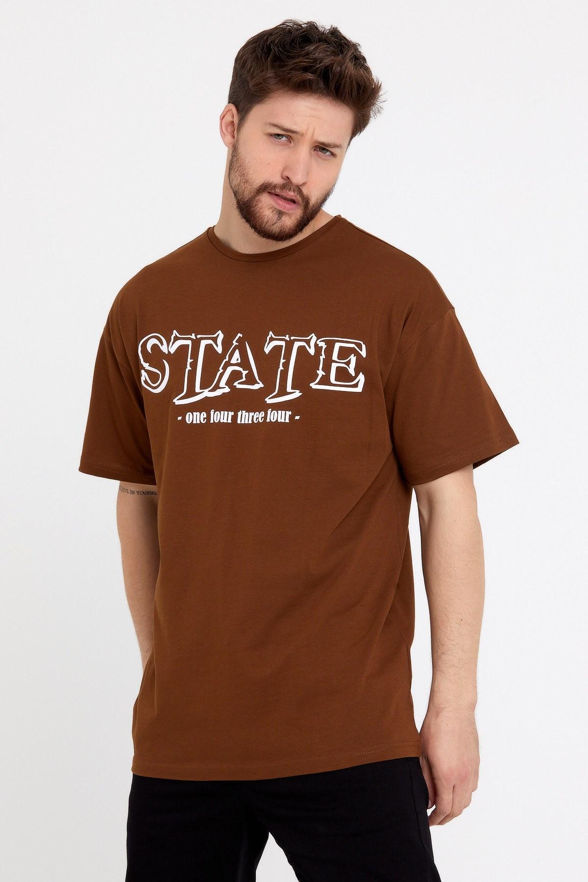 Erkek Oversize Baskılı T-shirt Taba