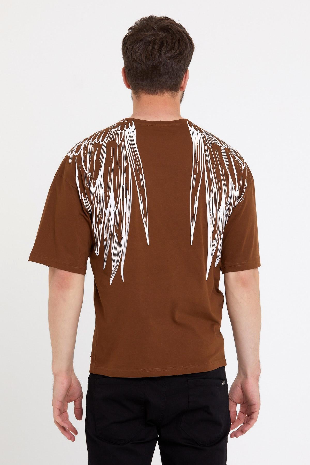 Erkek Oversize Baskılı T-shirt Taba