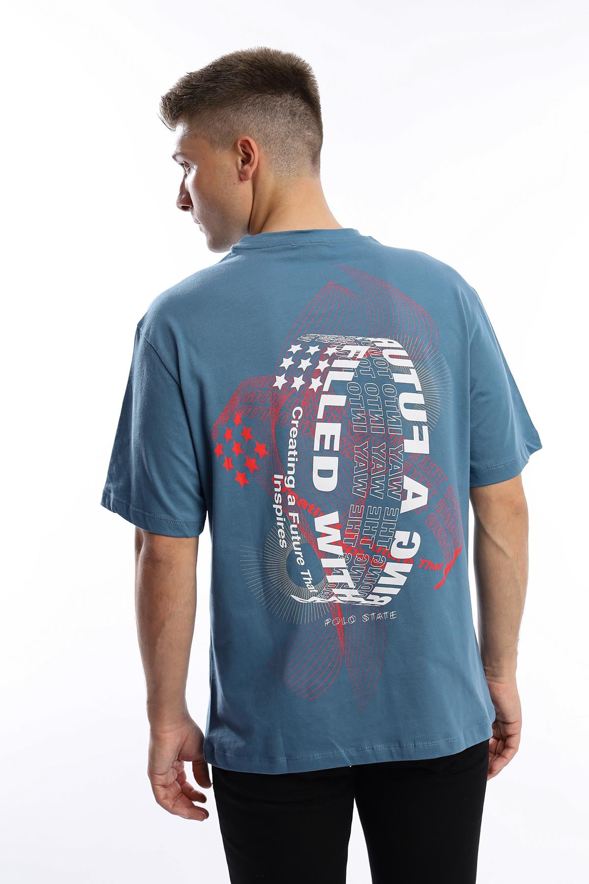 Erkek Oversize Fit Ön Arka Baskılı Basic Tişört İndigo