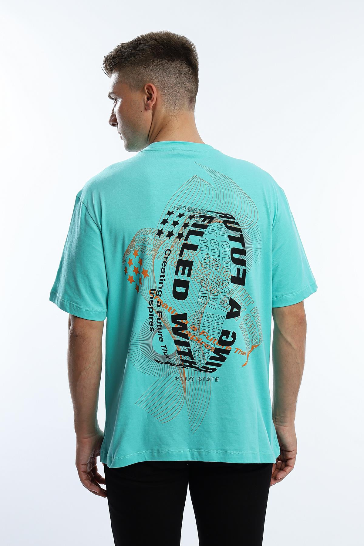 Erkek Oversize Fit Ön Arka Baskılı Basic Tişört Turkuaz