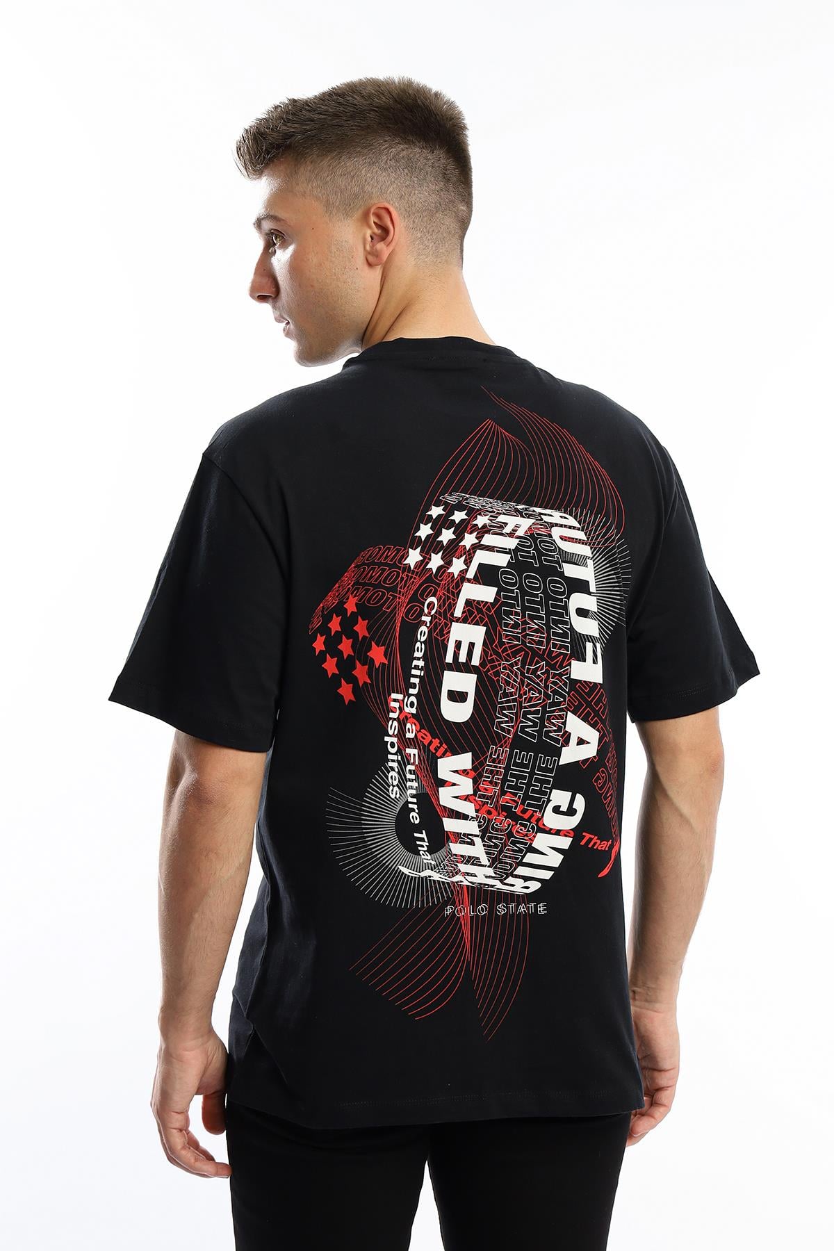 Erkek Oversize Fit Ön Arka Baskılı Basic Tişört Siyah