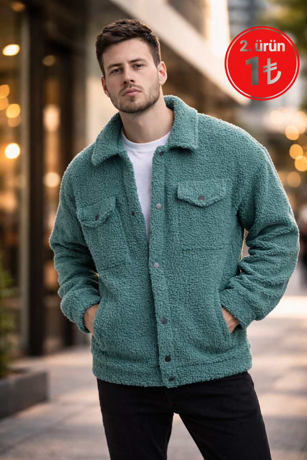 Erkek Oversize İçi Polarlı Peluş Sherpa Ceket Petrol