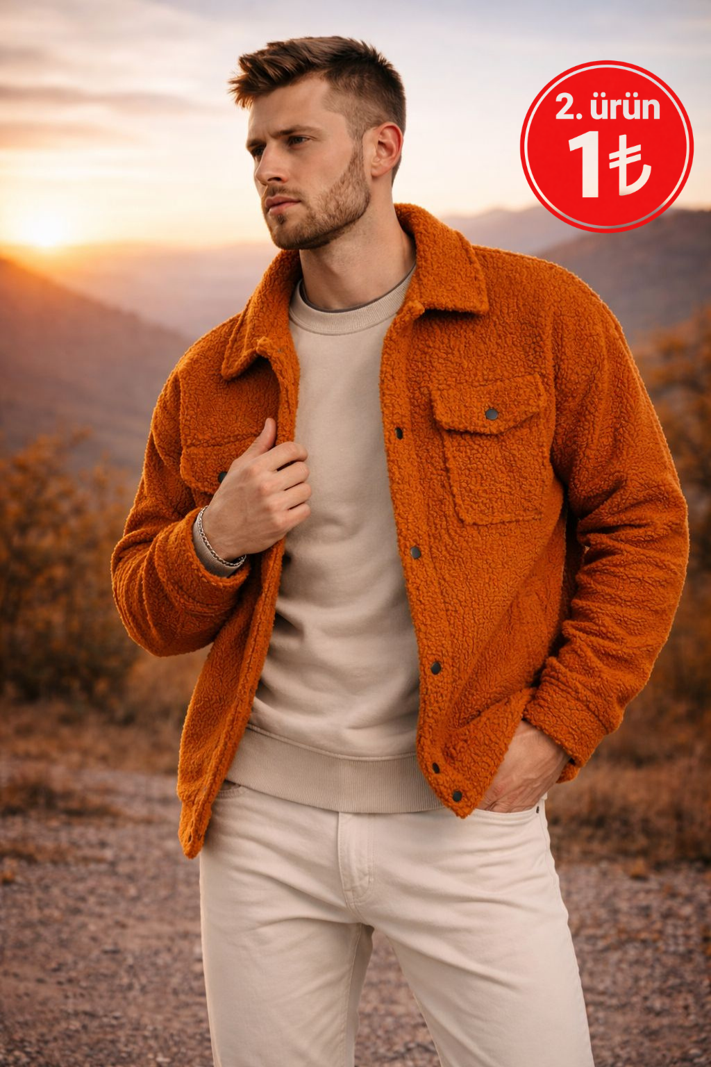 Erkek Oversize İçi Polarlı Peluş Sherpa Ceket Tarçın