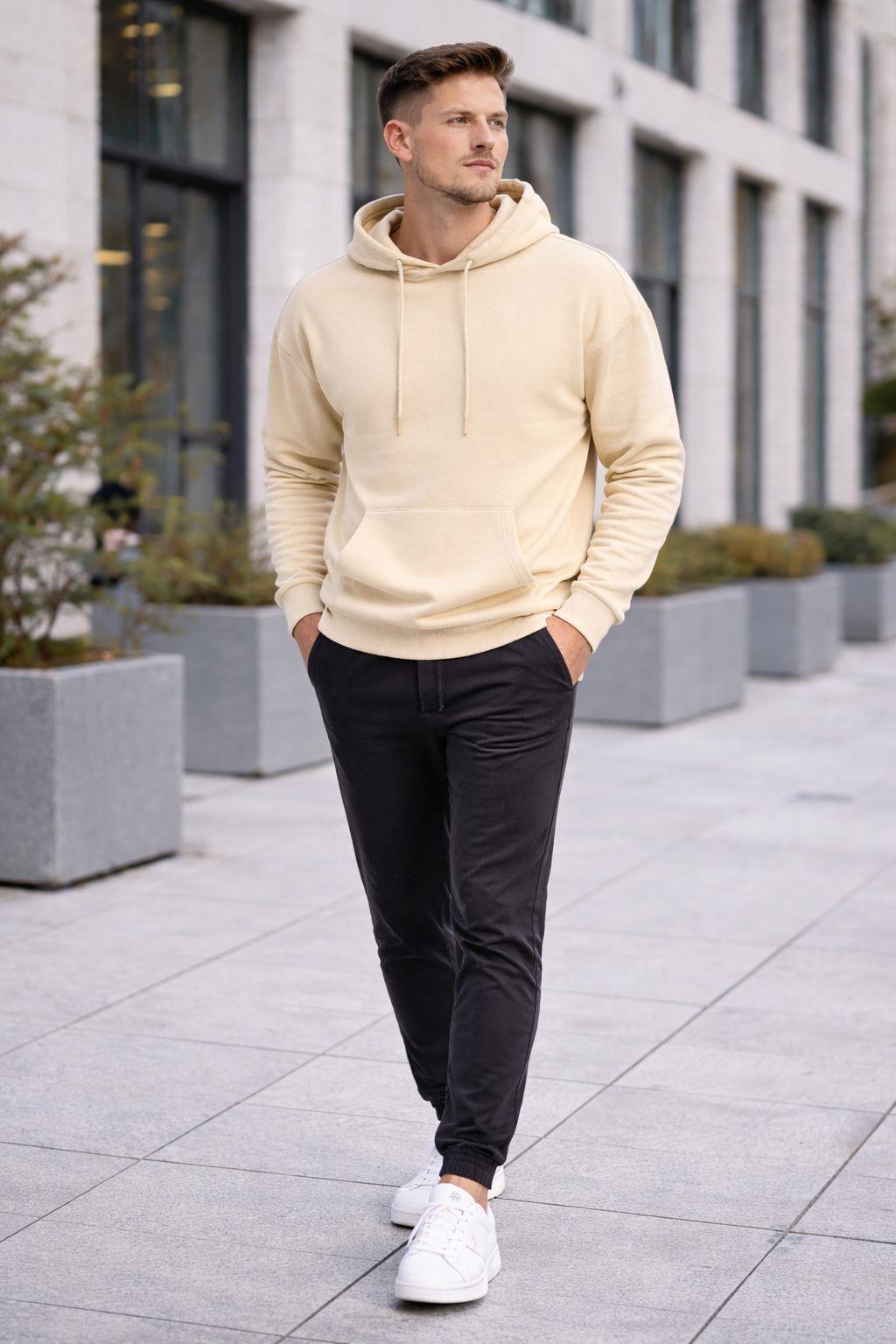 Erkek Oversize Kapüşonlu Kanguru Cepli 3 İplik İçi Polarlı Krem Sweatshirt