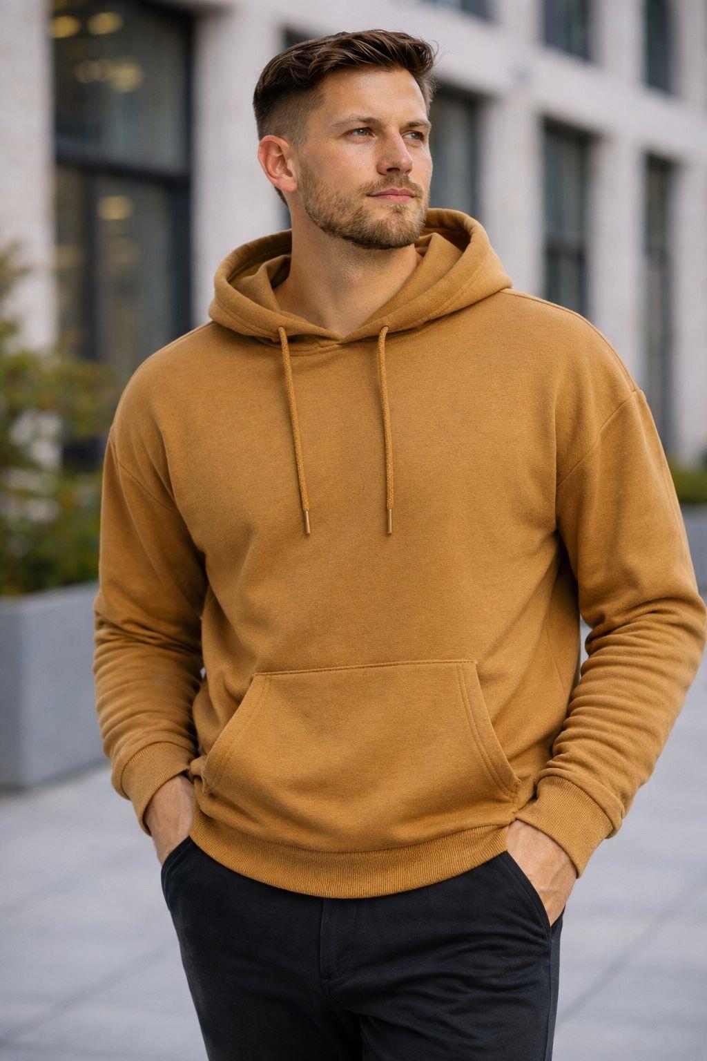 Erkek Oversize Kapüşonlu Kanguru Cepli 3 İplik İçi Polarlı Kahverengi Sweatshirt