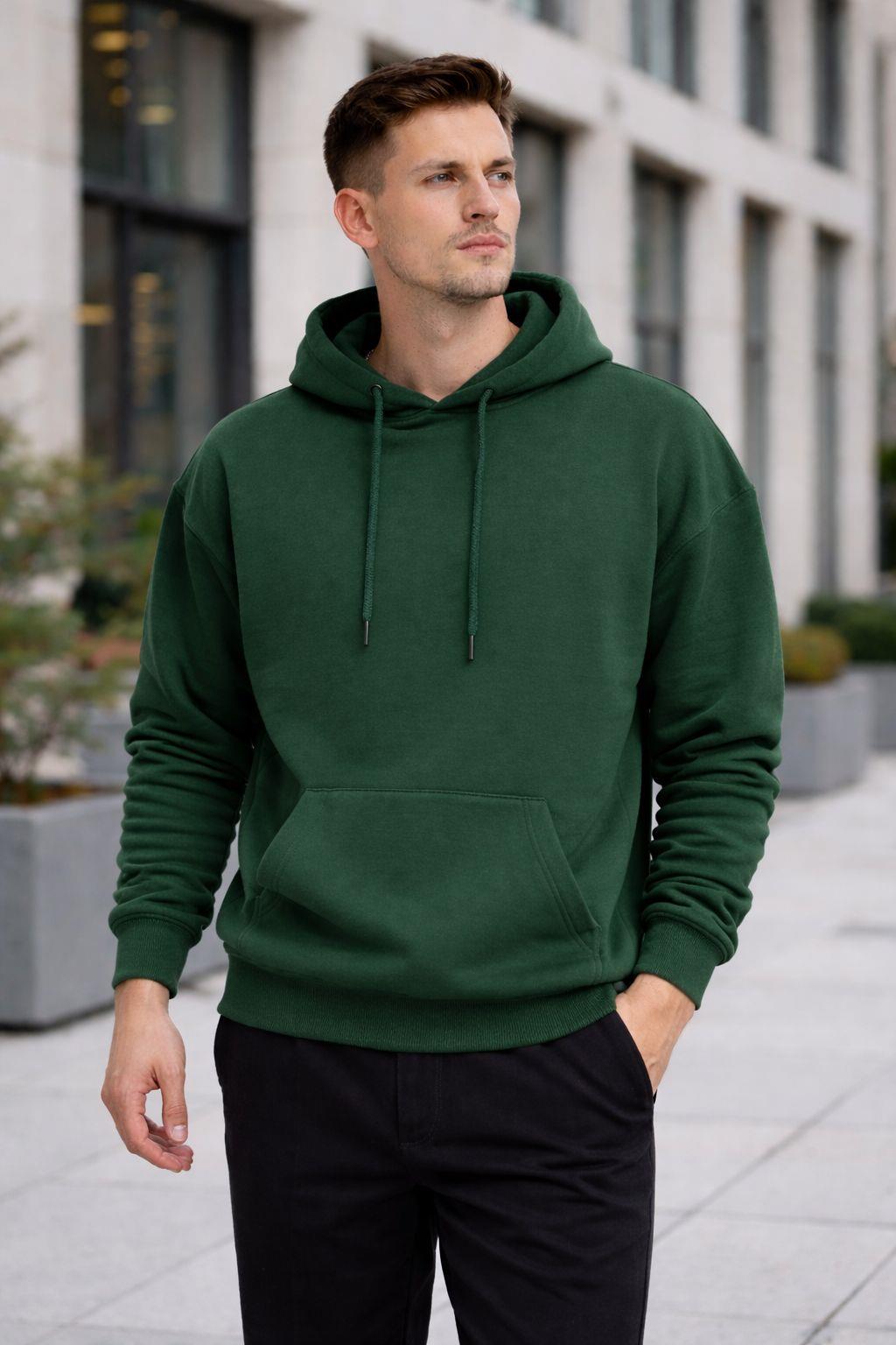Erkek Oversize Kapüşonlu Kanguru Cepli 3 İplik İçi Polarlı Haki Sweatshirt